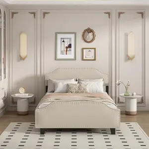 Upholstered Linen Queen Bed Frame,Platform Bed with Curved Shape Headboard and Footboard,Headboard Height Adjustable,No Box Spring Needed,Light beige