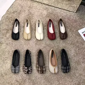 Retro Split-Toe Loafers for Women Comfy Flat Shoes Soft Casual Street Style Sneakers in Brown Black Red Beige Yellow Checkered & Polka Dot Patterns Footwear Chic Flats Flatform Round Toe Daily