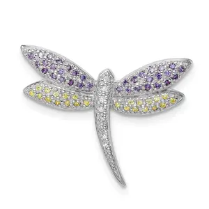 Sterling Silver Dragonfly Pin with Colorful CZ Gemstones Polished Finish