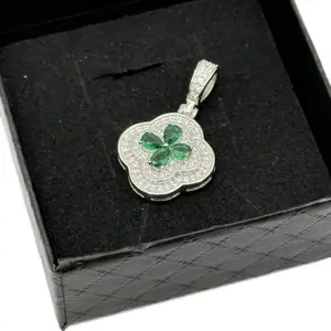 Green Emerald clover with Moissanite stones. 5mm bail for larger chains. 925 Sterling silver