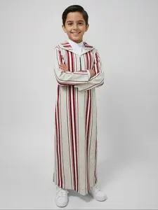 Muslim Traditional Boy Colorblock Print Hooded Djellaba Robe, Kids Clothing, 3D Decorated Long Sleeve with Side Pockets, Suitable for 8-12 Year Old Boys