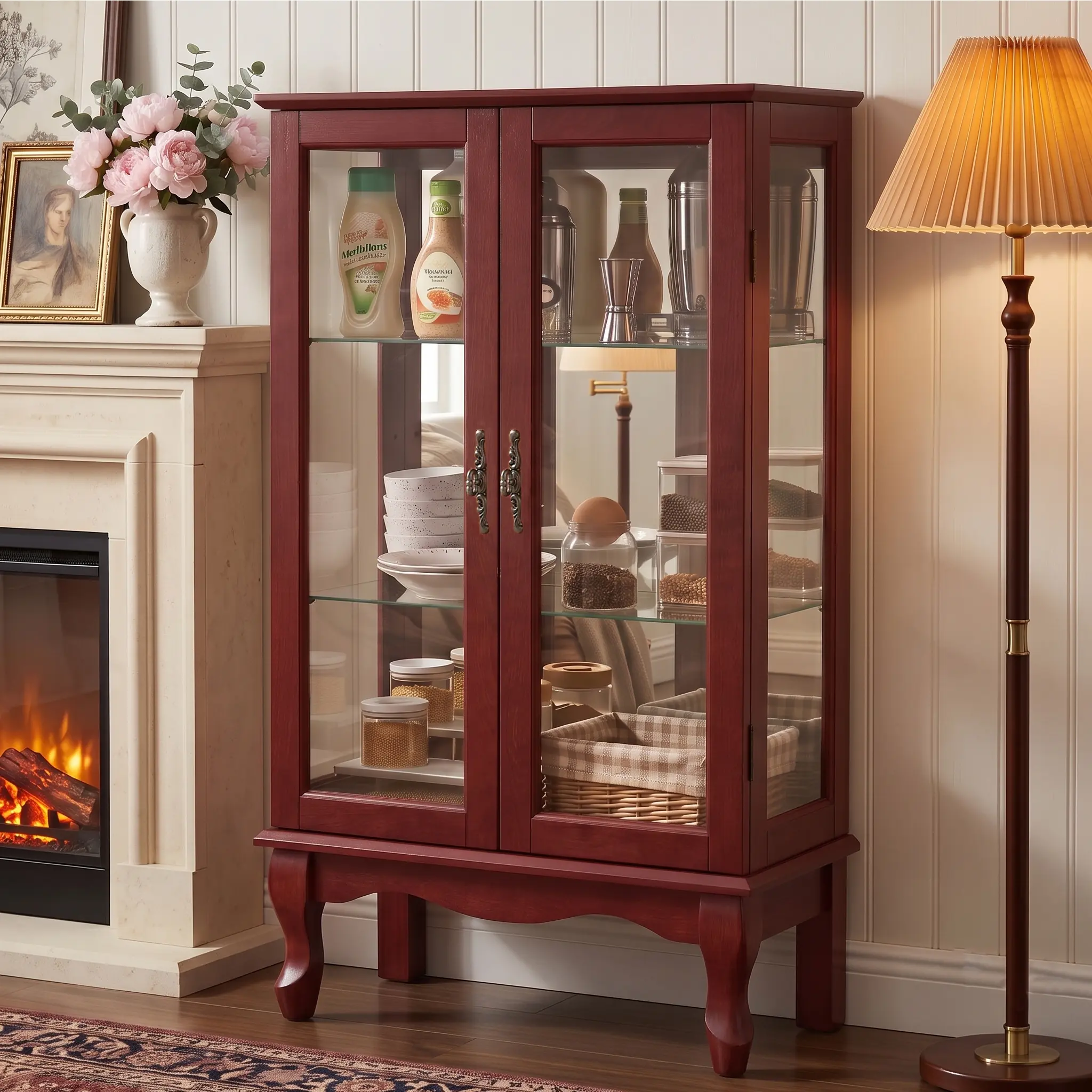 Eyisean 44" Lighted Curio Cabinet, Light Blub Included, 3-Tier Glass Display Cabinet with Glass Doors & Adjustable Shelves, Mirrored Back Panel, Weight Capacity 75 LBS, Vintage China Cabinet for Living Room, Apartment, Kitchen
