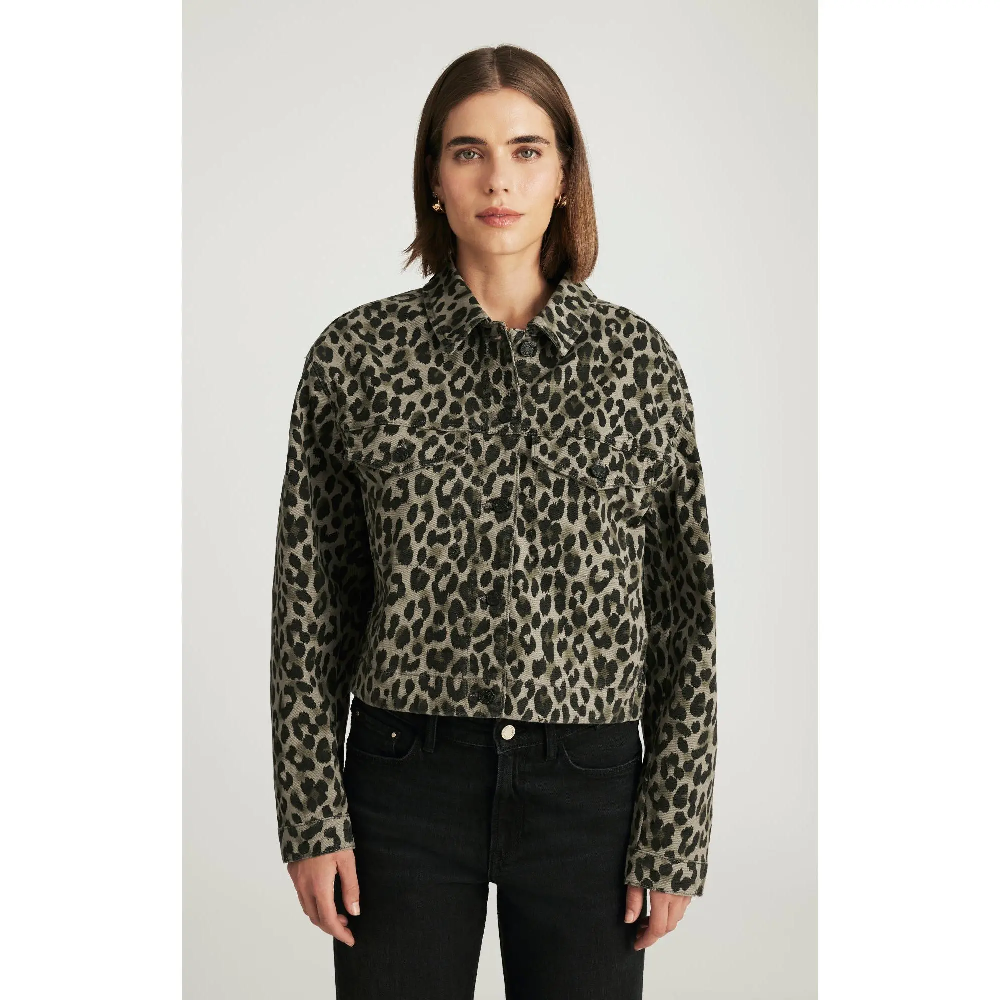 Women's Cropped Denim Jacket in Muted Green Leopard Print Fabric, Relaxed Boxy Fit with Dropped Shoulders, Relaxed Look