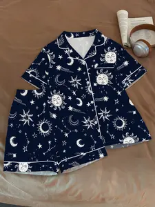Ladies 2 Piece Pajama Set, Comfortable Short Sleeve Top and Shorts, Starry Sky Pattern, Casual Summer Sleepwear for Women
