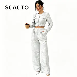 Scacto Women's 2-Piece Long Sleeve Suit - Tweed Short Jacket with Pearl Buttons, Round Neck Textured Top, Elegant Commuting Casual Womenswear