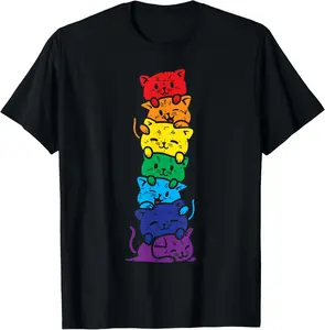 100% Cotton Cat Stack Rainbow Gay Pride Cute LGBT Animal Pet Lover Gift T-Shirt