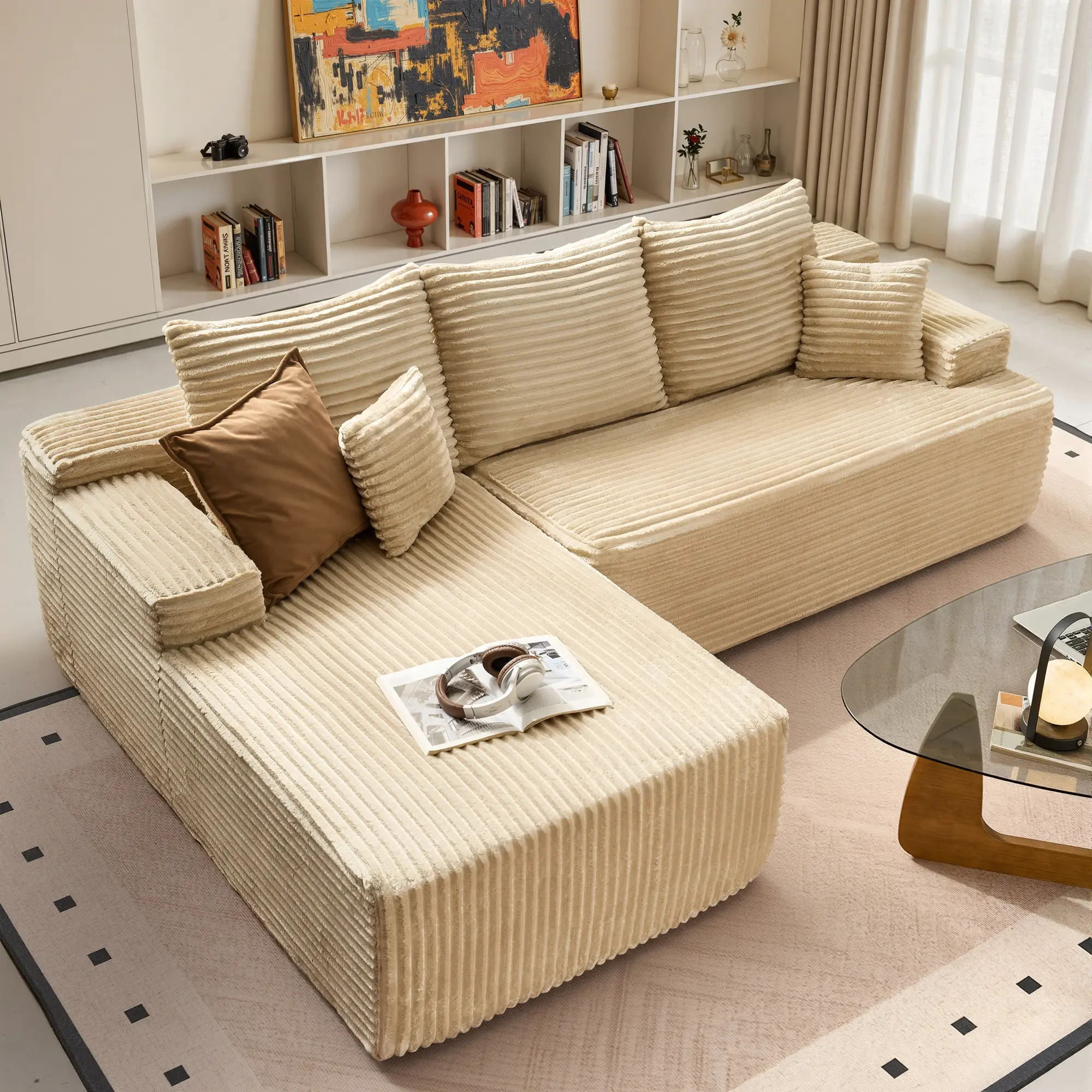 97" Beige L-Shaped Sofa Left Chaise