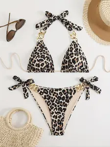 Two-piece Set Women's Leopard Print Bikini Set, Casual Halter Neck Tie Back Triangle Swim Bra & Knot Side Swim Panty, Fashion Chic Ladies Bathing Suit for Beach Holiday Vacation, Beach Bikinis, Swimsuit Style Bikini, Halter Bikini Top
