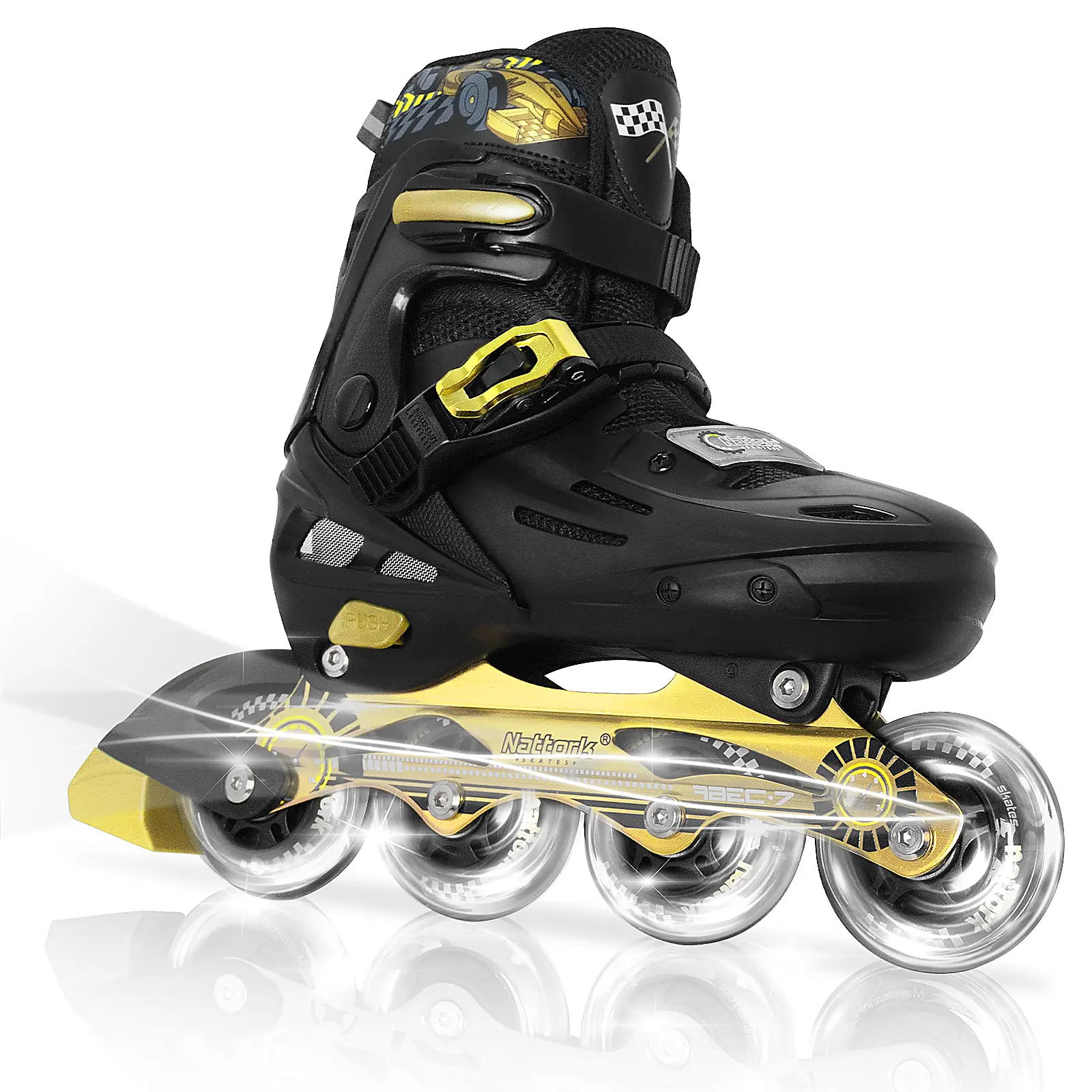 Nattork Blade Racers Adjustable Inline Roller Skates, Gold Polypropylene Frame with Breathable Mesh, 4-Size Push-Button Adjustment, Flashing Wheels and Secure Buckle, Abec-7 Bearings, Adjustable Double-Size Wheels