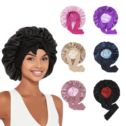 Women's Silk Satin Hair Bonnet - Reversible Double-Layer Adjustable Tie Band, Large Wrap for Natural/Heatless Curls Overnight, Smooth Scalp, Reduces Neck Rub, Quick Morning Prep, Daily Wear as Cap/Bow, Ideal Gift for Sister