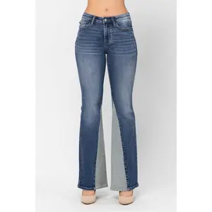 Judy Blue Midrise Inseam Panel Flare Jeans - Comfortable Cotton Blend with Medium Wash & Solid Design for Casual Everyday Wear