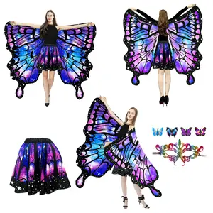 Halloween Costumes for Women Adult Butterfly Wings Double-Sided Purple Fairy Wings Set with SKIRT 4PCS Polyester Material