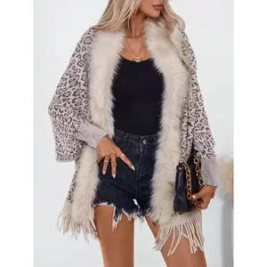 Women's Fashion New Shawl, Winter Leopard Print Fur Collar Cape, Thick Warm Shawl Jacket, Poncho Stylish and Cozy Outerwear