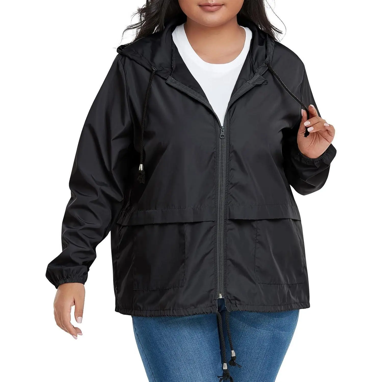 Women's Plus Size Outdoor Basic Light Raincoat - Packable Hooded Waterproof Windbreaker Tops with Bag-Friendly Design for School, Casual Use, Fabric, Lady, Jacket, Fashion, Style, Loose, Women's Fashion, Gym, Clothes