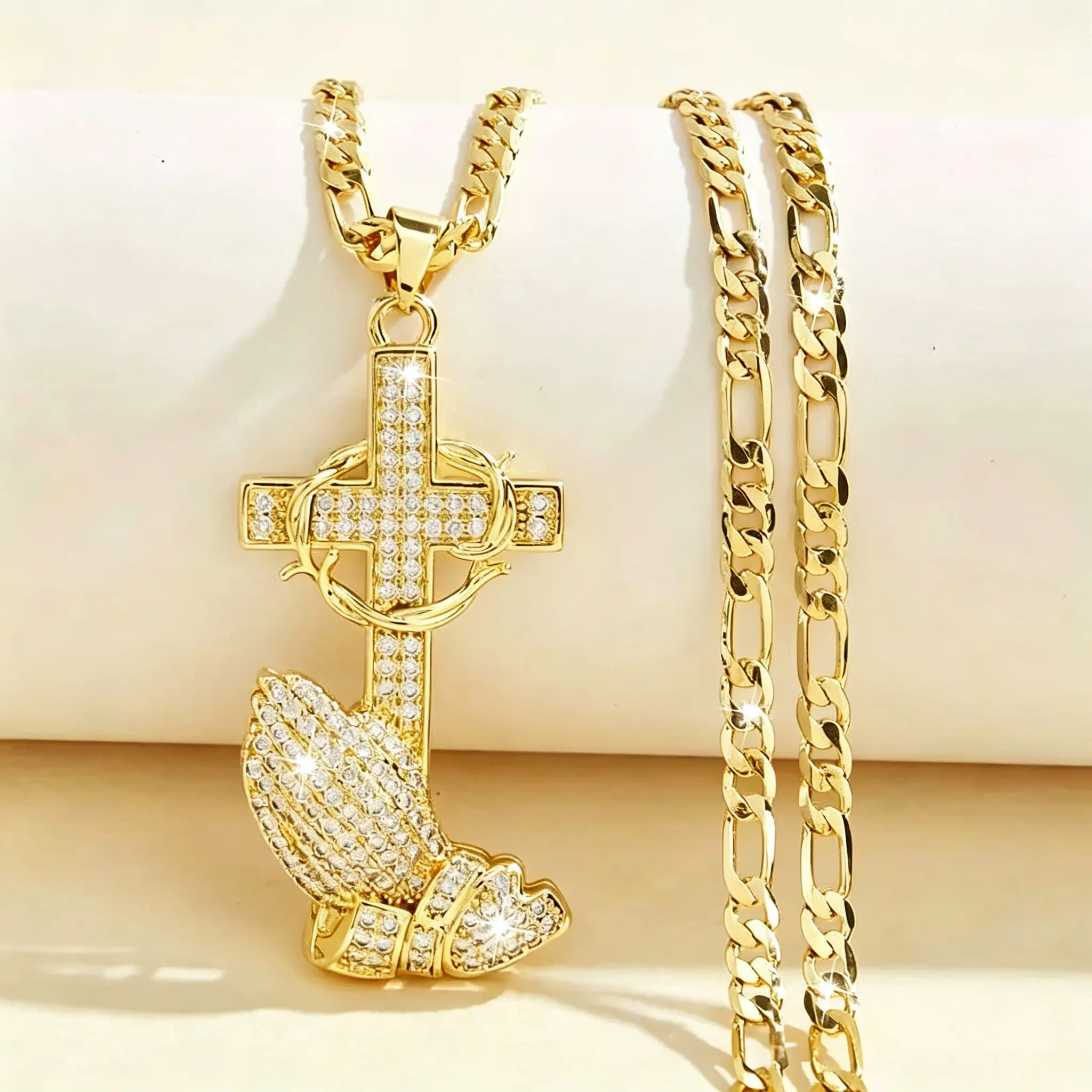 Praying Cross Necklace for Men Hip Hop Iced Out Praying Hands with Cross Pendant Necklace Chain 14K Gold Plated Religious Christian Serenity Prayer Jewelry for Men Women