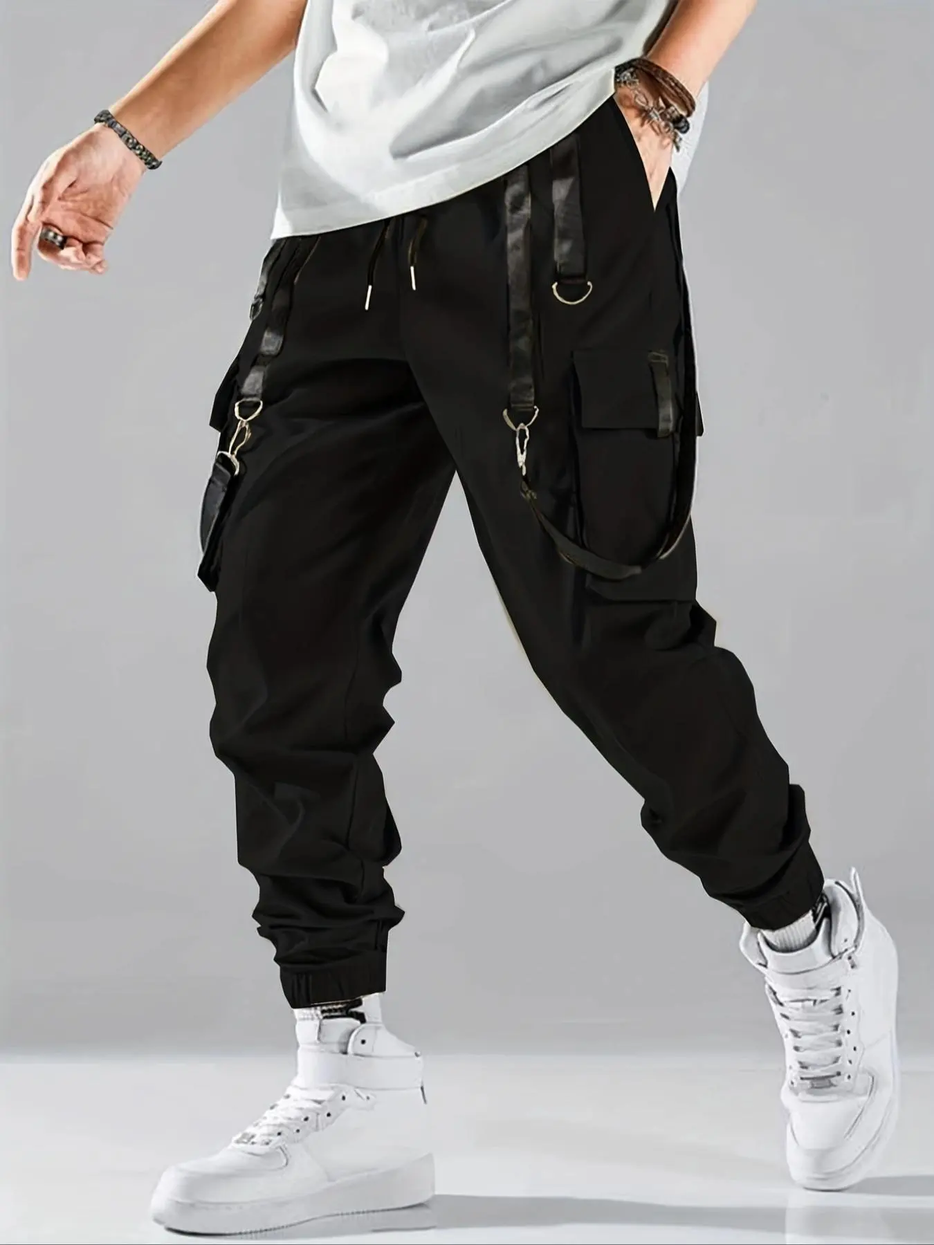 Men's Solid Pocket Drawstring Waist Cargo Pants, Regular Fit Casual Fashion Trousers for Daily Wear, Men's Bottoms for All Seasons, Jogger Cargo Pants