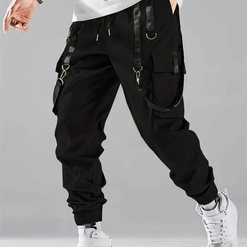 Men's Solid Pocket Drawstring Waist Cargo Pants Casual Pockets, Regular Fit Casual Fashion Trousers for Daily Wear, Men's Bottoms for All Seasons, Jogger Cargo Pants Casual Cargo Style