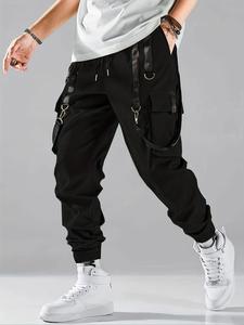 men's solid pocket drawstring waist cargo pants, regular fit casual fashion trousers for daily wear, men's bottoms for all seasons, jogger cargo pants, menswear, jogging pants