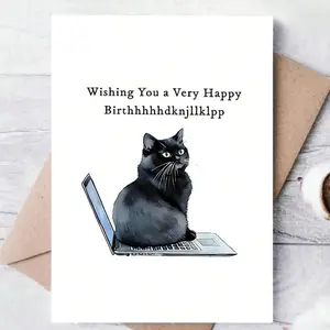Whimsical Cat On Laptop Birthday Card, Humorous Wishes FOr Birthday, Best Friend Siblings COlleagues Gift CArd