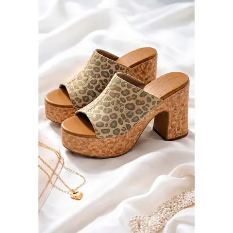 Blowfish Poznan Animal Print Chunky Cork Platform Heel Slides