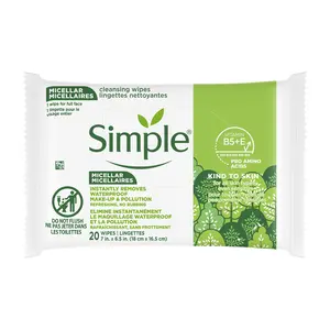 Simple Kind To Skin Micellar Makeup Remover Wipes - Face Wipes Instantly Remove Waterproof Makeup - Enriched with Vitamin B5 and E - Vegan - 20 pc