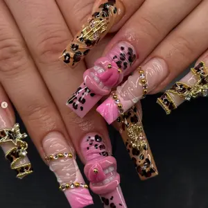 Pink Leopard Glam Press-On Nails, 3D Lip Charm Design, Gold Chain Details, Nude & Hot Pink French Tips, Y2K Luxe Coffin Press Ons, Bold Statement Nail Art for Trendy Fashion Lovers