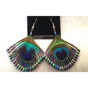 Peacock Feather Borealis Beaded Earrings-Aurora