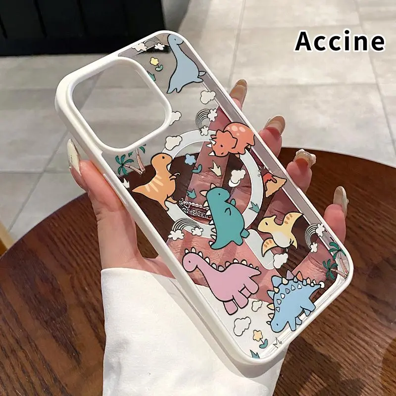 Magnetic Phone Case for iPhone 17 Pro Max 16 Plus 15 14 13 12 11 Air E Dinosaur Park Pattern Transparent Acrylic Back TPU Edges Drop-Proof Lightweight Cover for Girl
