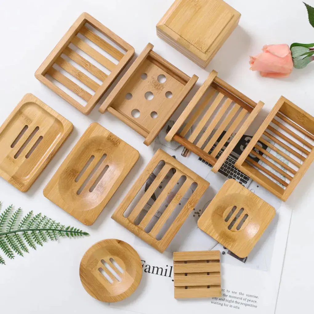Mo-Stache' Kitchen HOT Wooden Natural Bamboo Soap Dishes Tray Holder Storage Soap Rack Plate Box Container Portable Bathroom Soap Dish Storage Box