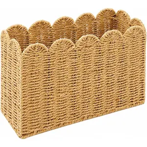 Paper Rope Magazine Holder for with Scalloped Edge, Tall Wicker Magazine Basket – Book Basket, File Holder & Mail Basket for Living Room, Office & Bedroom