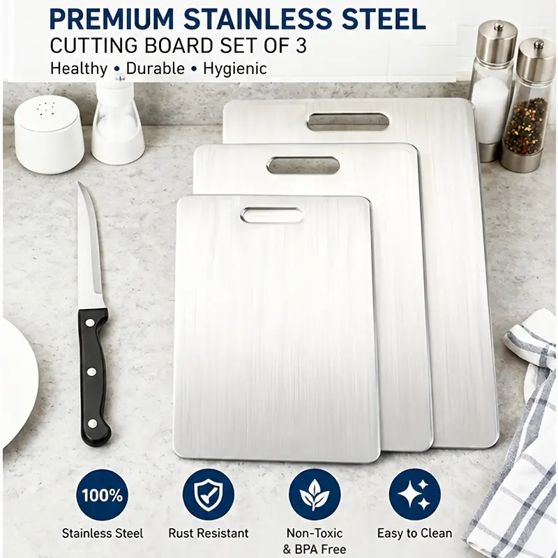 4-piece stainless steel kitchen cutting board set—durable, easy to clean, and featuring multiple sizes for slicing fruits, vegetables, meat, and bread. Food-contact safe cutting boards suitable for home kitchens and restaurants.