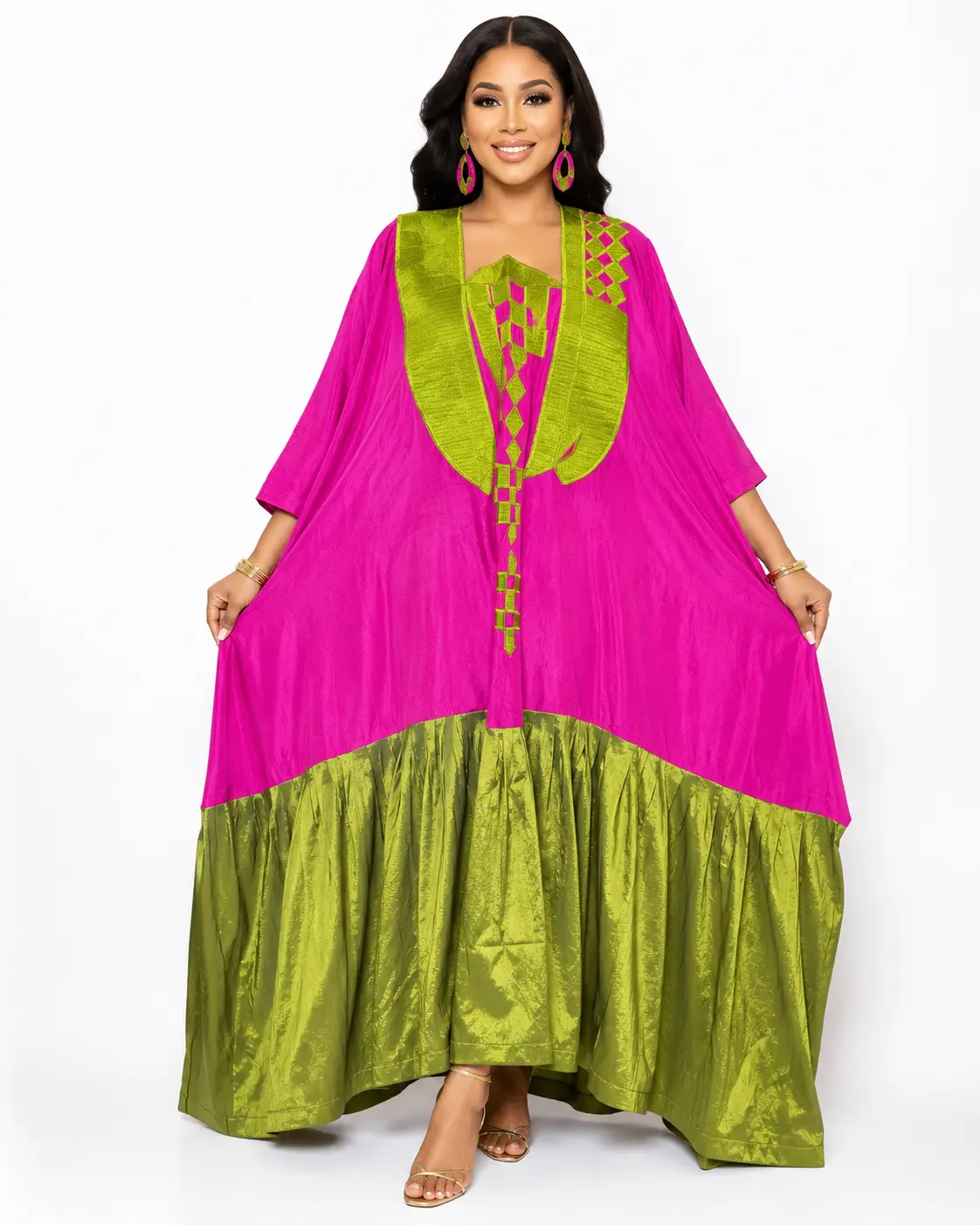 African Bubu Dress for Women – Embroidered Cotton Silk Boubou Kaftan, One Size