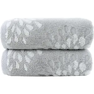 Hand Towels Set of 2 Hydrangea Floral Pattern 100% Cotton Absorbent Soft Decorative Towel for Bathroom Light Grey