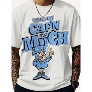 Men'S Plus Size Short Sleeve T-Shirt, Casual Loose Fit Graphic Tee with Captain Crunch Cartoon Print And Funny 'Y'All Be Cap'N Too Much' Text, Summer Streetwear Top for Men
