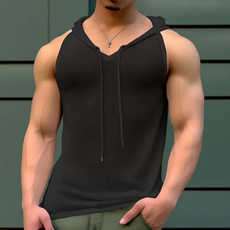 INCERUN Men's Mesh Hooded Vest - Sleeveless Techwear Short Top, Breathable Athletic Clothing for Gym, Hot Weather Turf Training, Athletic Fit, Athletic Workout Clothing, Workout Sports Vest