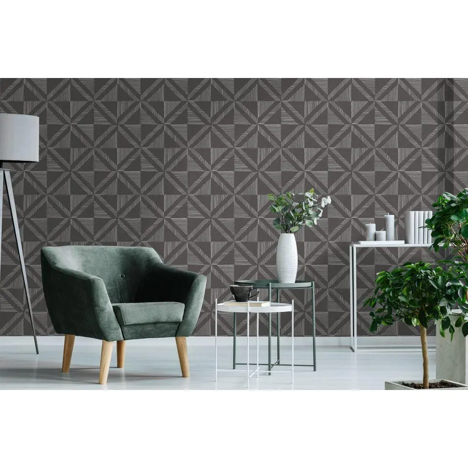 Peel and Stick Removable Fabric Wallpaper - Line Art - Triangle Square - Modern Geometric - Maddox Dark Grey