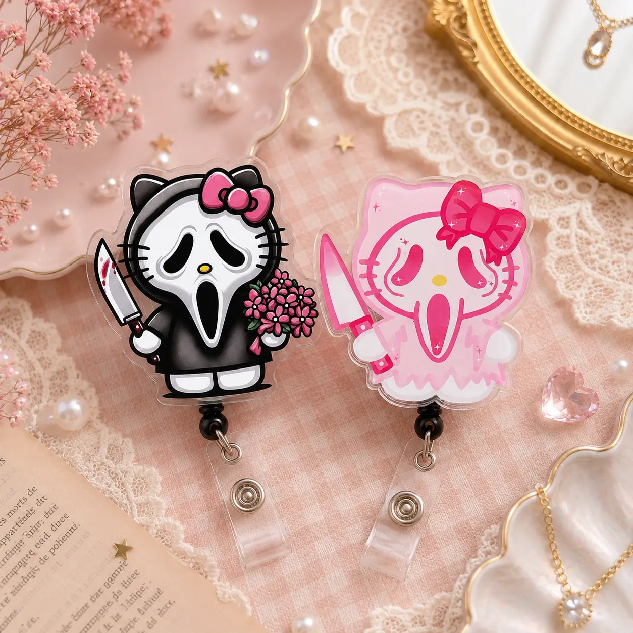 Cute Pink Horror Cat Badge Reel, Kawaii Spooky Mask Retractable Acrylic ID Holder, Halloween Bow Badge Clip for Nurses and Healthcare Workers