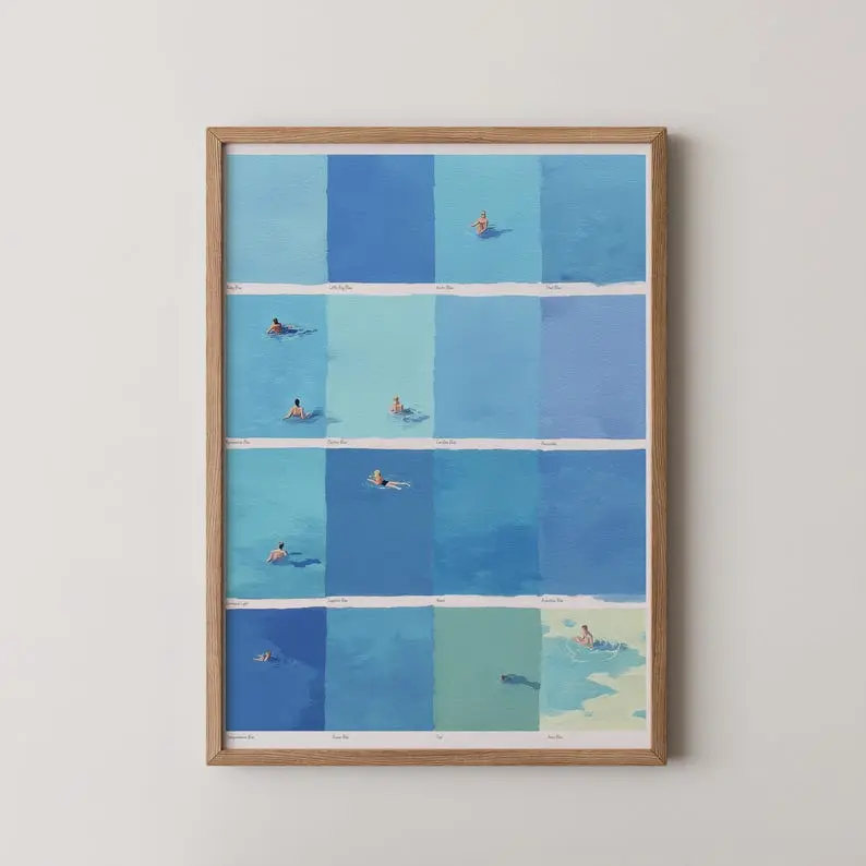 [UNFRAMED POSTER] Summer Swimmers Art Print Minimalist Pool Poster, Quirky Tiny People Wall Decor