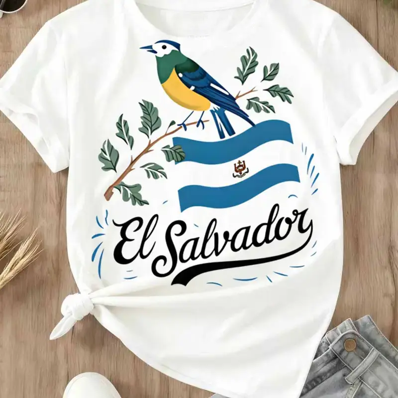 Women's Graphic T-Shirt with El Salvador Flag Bird Print, Casual Loose-Fitting Cotton Top, Comfortable Short-Sleeve Summer Essential, Lady, Shortsleeve, Fabric, Soft, Beach, Fashion, Tshirt, Streetwear, Fashion Apparel, Women's Fashion