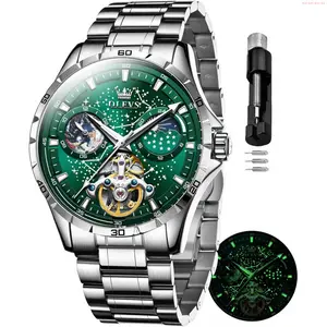 OLEVS Watch OLEVS Mens Automatic Watches Mechanical Self Winding no Battery Stainless Steel Strap Luxury Moon Phase Dress Wrist Watches for Men Waterproof Luminous