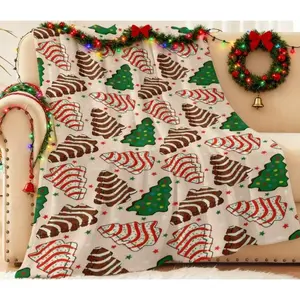 1pc Cozy Christmas Holiday Tree Cake Pattern Blanket, Polyester Fabric, Machine Washable, Suitable for Bedroom Living Room Decoration soft comfy blanket cozy blankets shopping deals Cartoon Blanket Halloween and Christmas Gifts