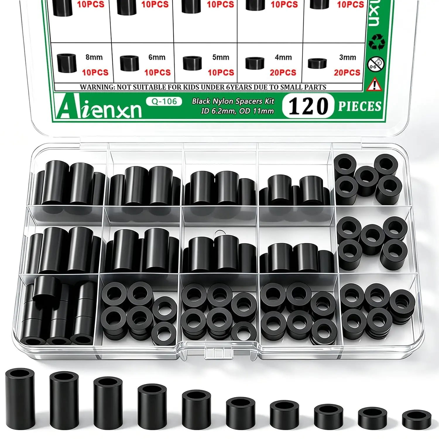 120PCS Black M6 Nylon Spacers Kit, ID 6.2mm, OD 11mm- 3mm, 4mm, 5mm, 6mm, 8mm, 10mm, 15mm, 18mm, 20mm Length, Non-Threaded Round Plastic Spacers Suitable for Switch & Receptacle Screws
