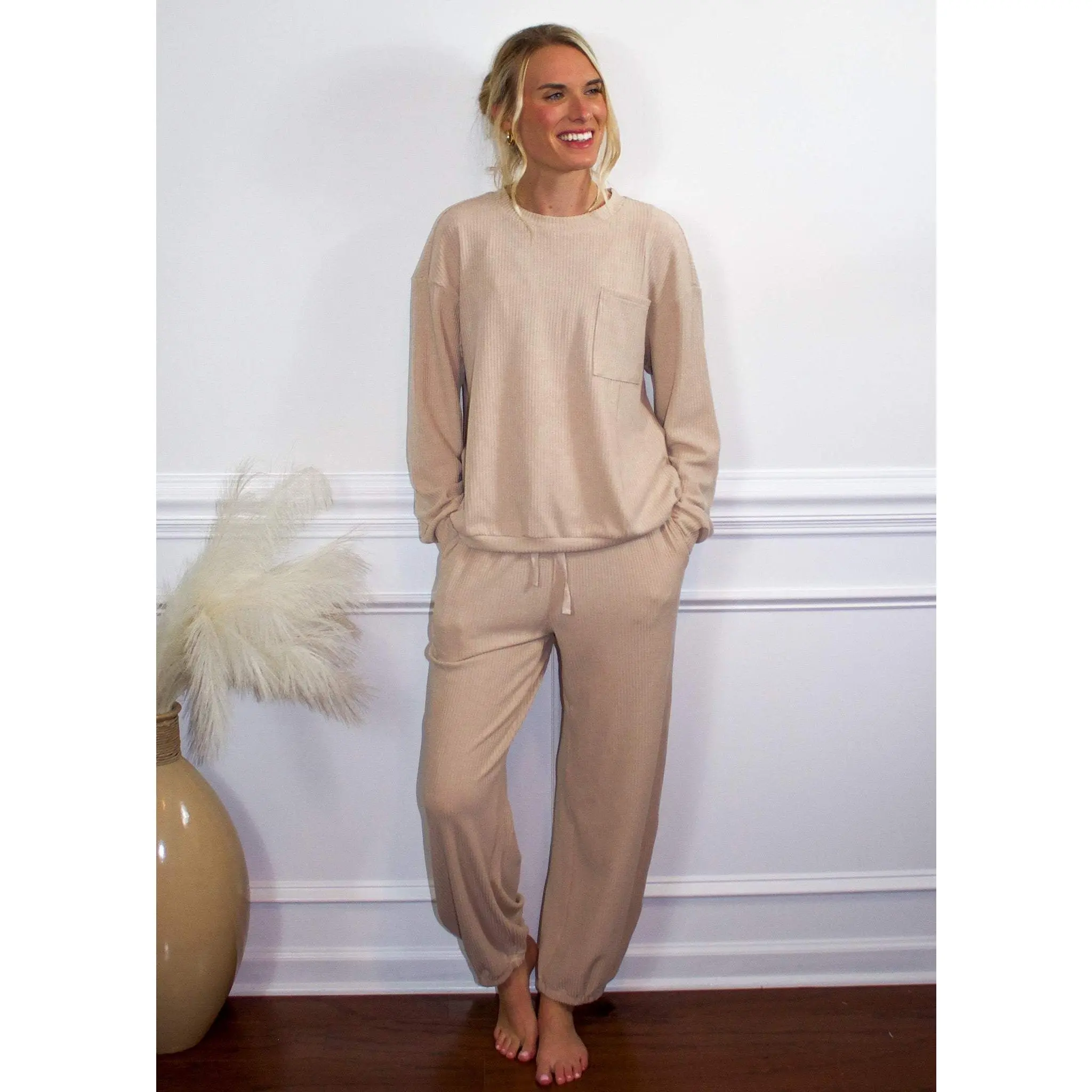 Waffle Knit Lounge Set in Champagne