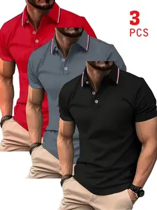 3-pack striped shirts with a notched collar featuring red, white, and blue color blocking and three-button placket; breathable, quick-drying golf casual shirt with lightweight stretch polyester button design; suitable for summer office wear, boat outings,