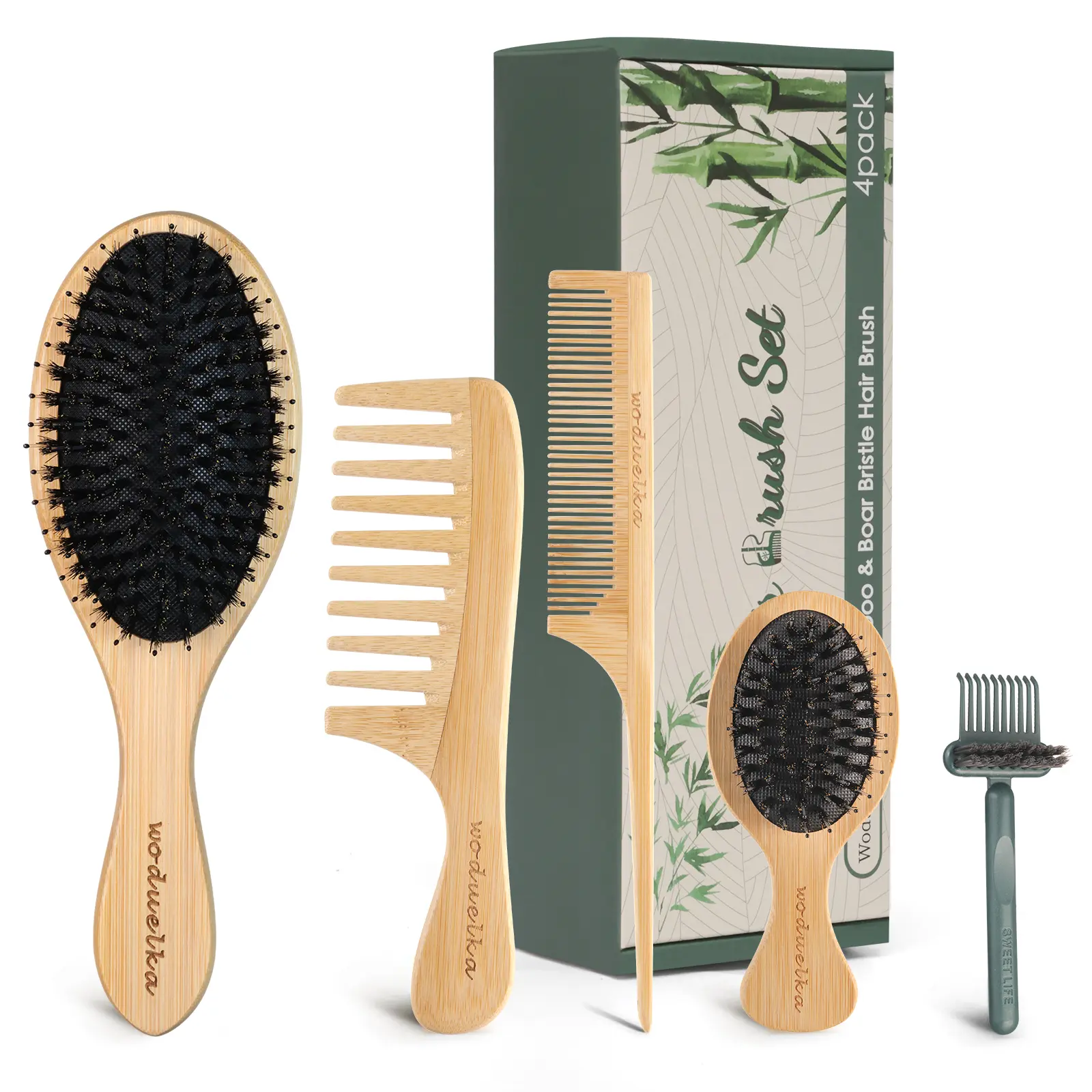 Boar Bristle Hair Care Kit – Bamboo Tools with Paddle Detangler, Wide Tooth Comb, Tail Tooth Comb, Mini Travel Brush & Cleaner for Hair Growth, Summer Hairstyles