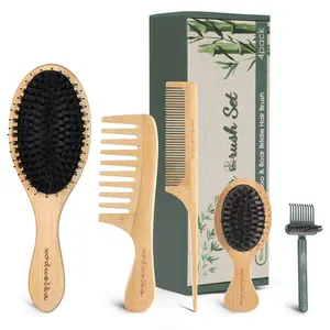 Boar Bristle Hair Brush Set – Bamboo Comb Set for Hair Growth, Paddle Detangling Hairbrush, Wide Tooth & Tail Tooth Comb and Mini Boar Bristle Travel Hairbrush, Brush Cleaner Included