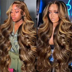 Highlight 13x4 HD Body Wave Lace Front Wigs Human Hair Honey Blonde Ombre 4/27 Lace Front Wig Human Hair Pre Plucked 180% Density Frontal Wigs for Women