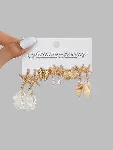 5 Pairs Ocean Wind Shell Starfish Earrings Set, Natural Conch Pearl Vacation Jewelry, Boho Style Zinc Alloy Ear Accessories