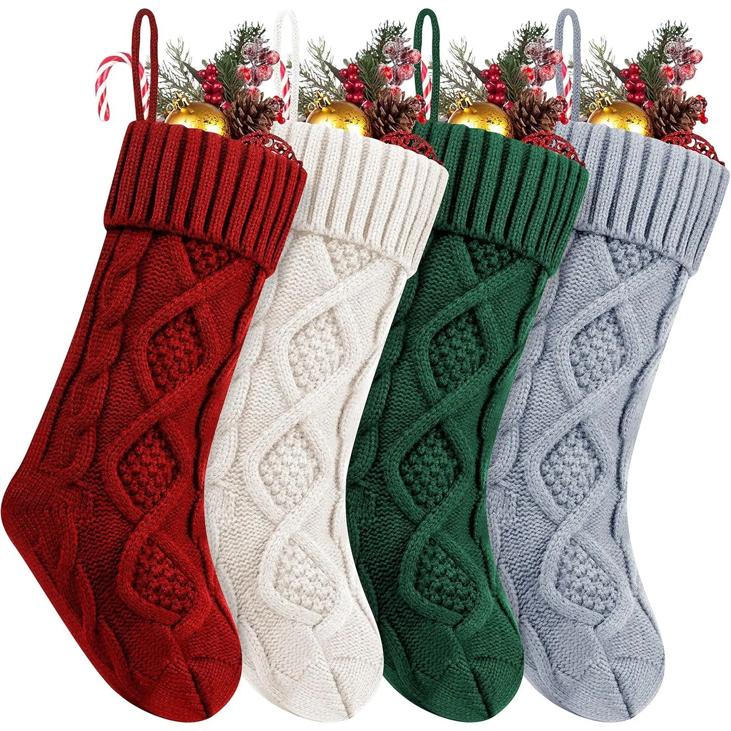 4 Pack Personalized Christmas Stockings 18 Inches Large Size  Knitted Stocking Gifts & Decorations for Family Holiday Xmas Party, Burgundy&&Green&Grey