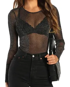 Women's Sheer Mesh Tops Glitter See Through Long Sleeve Bodysuit Elegant Black Mesh Long Sleeve Sheer Top for Women Round Neck See Through T Shirt Sexy Transparent Clubwear Party Blouse Minimalist Basic Crewneck